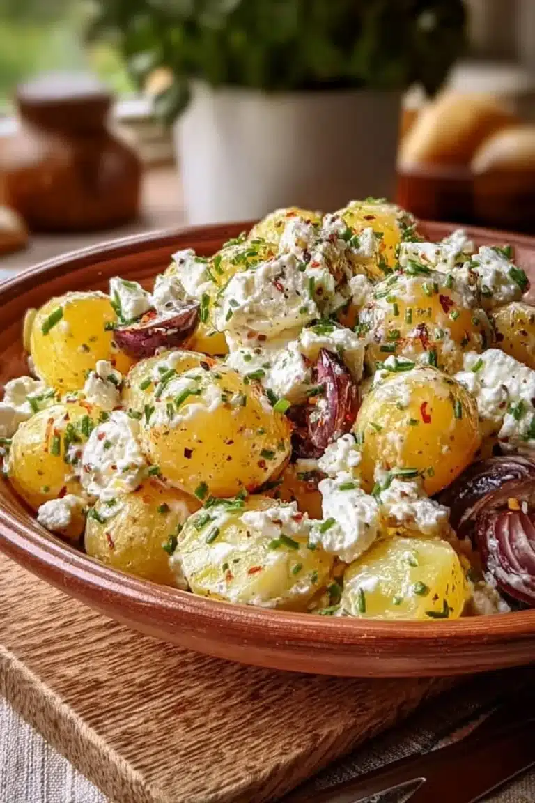 Salade crémeuse de pommes de terre avec du féta et des herbes fraîches.
