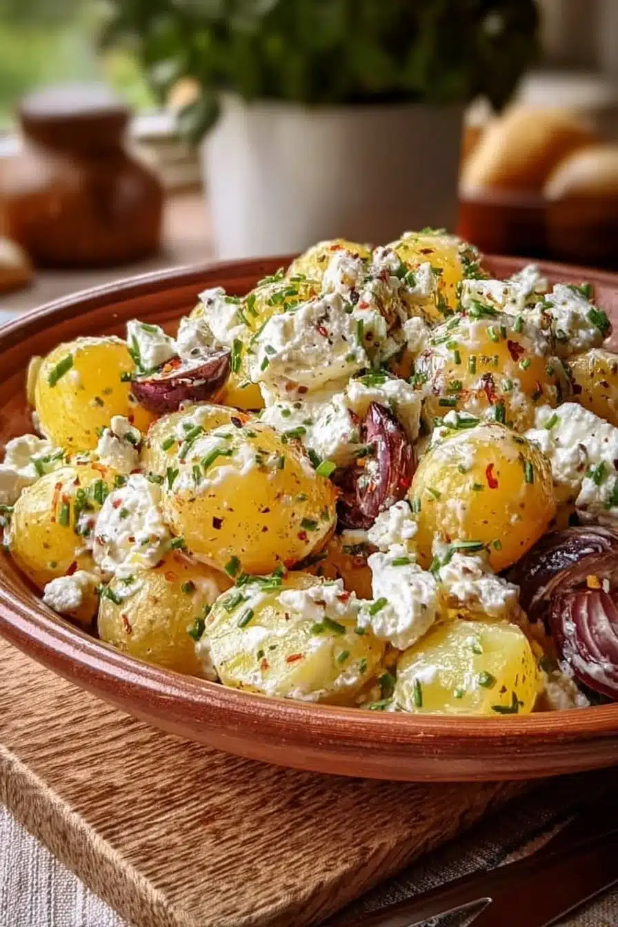 Salade crémeuse de pommes de terre avec du féta et des herbes fraîches.