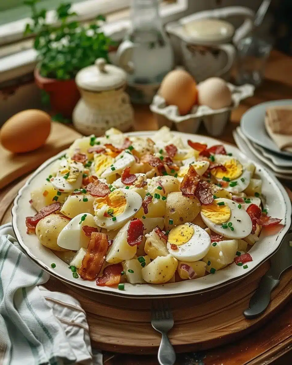 Salade crémeuse de pommes de terre et œufs, un plat délicieux et réconfortant