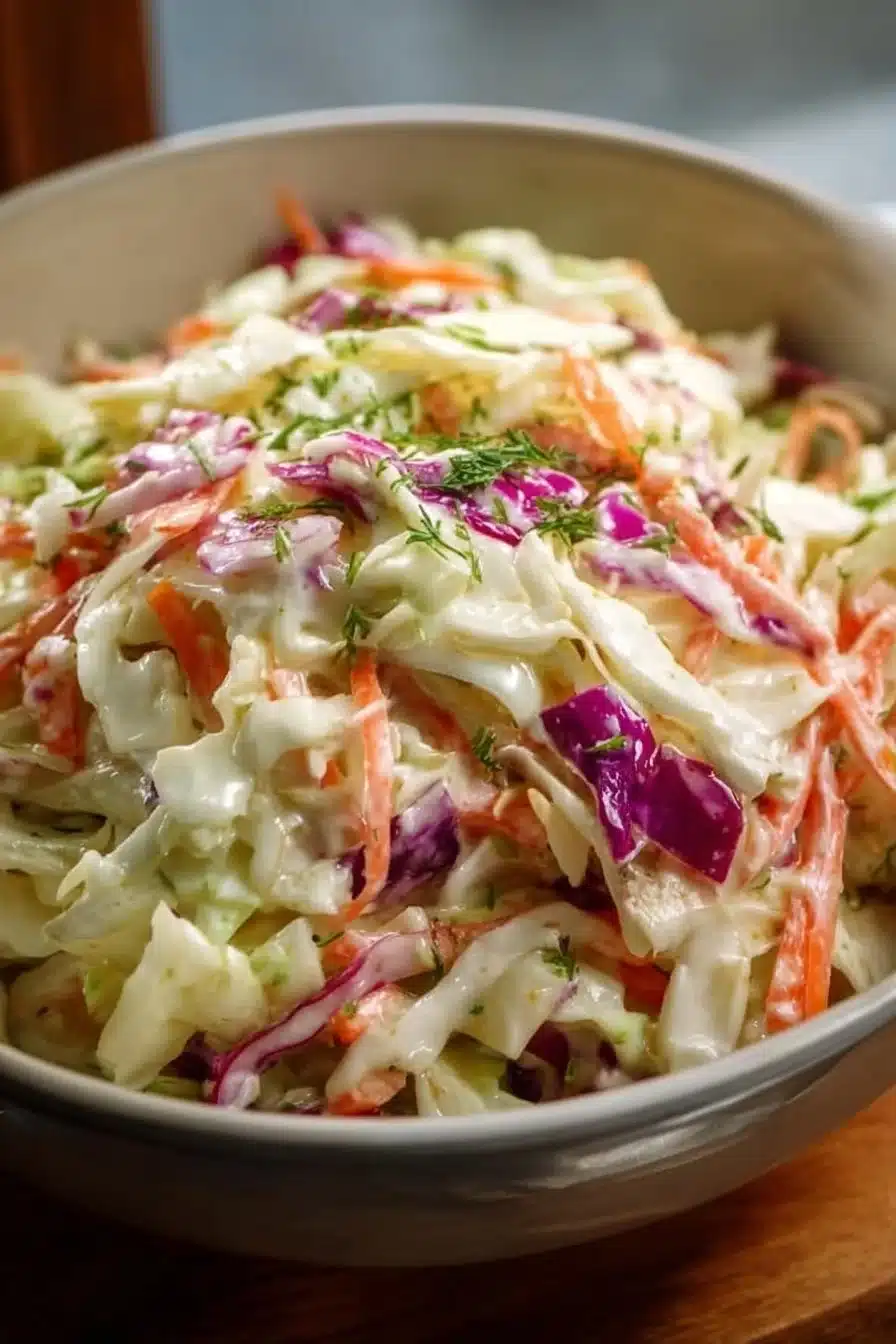 Salade de chou crémeuse garnie de légumes frais.