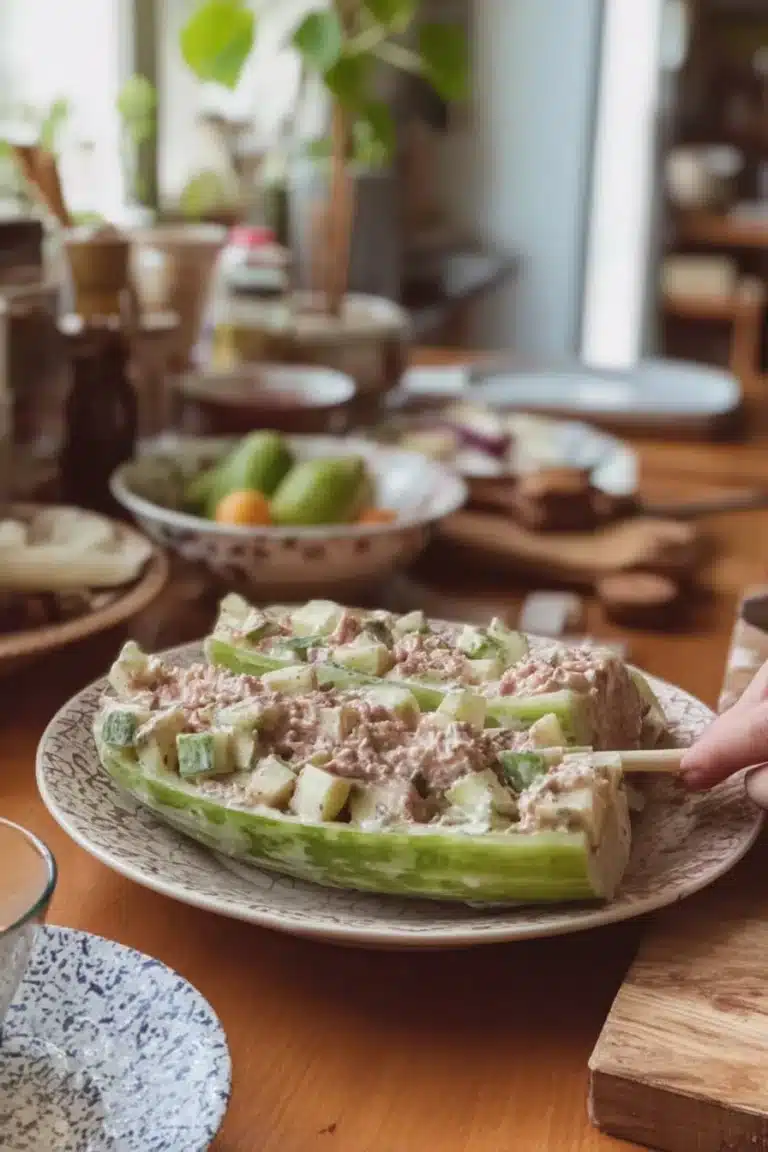 Salade de concombre et thon servie dans un bol avec ingrédients frais