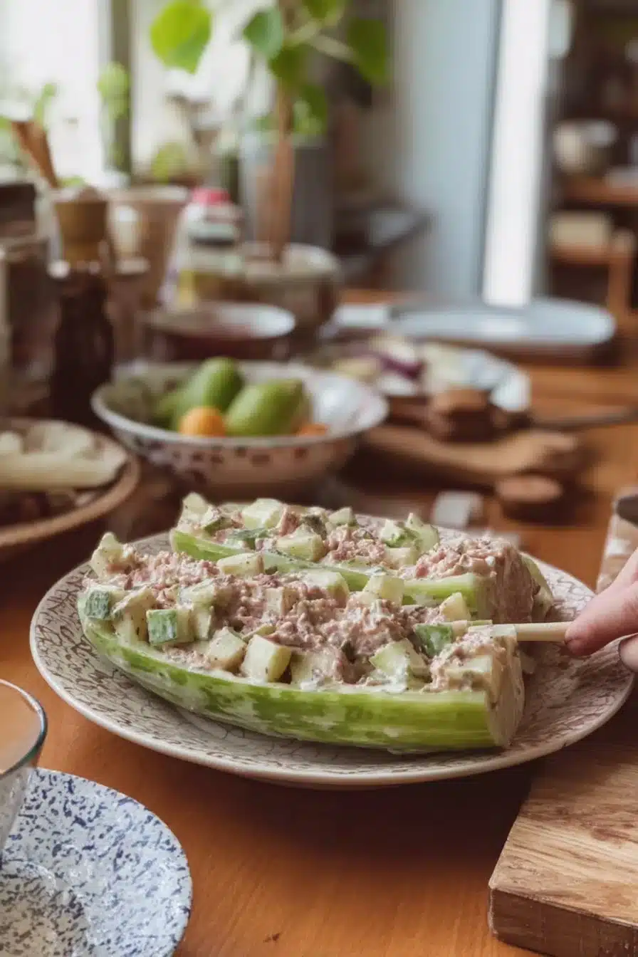 Salade de concombre et thon servie dans un bol avec ingrédients frais