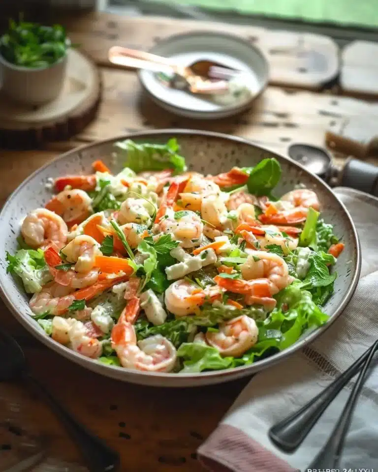 Salade de crevettes fraîchement préparée avec des légumes croquants