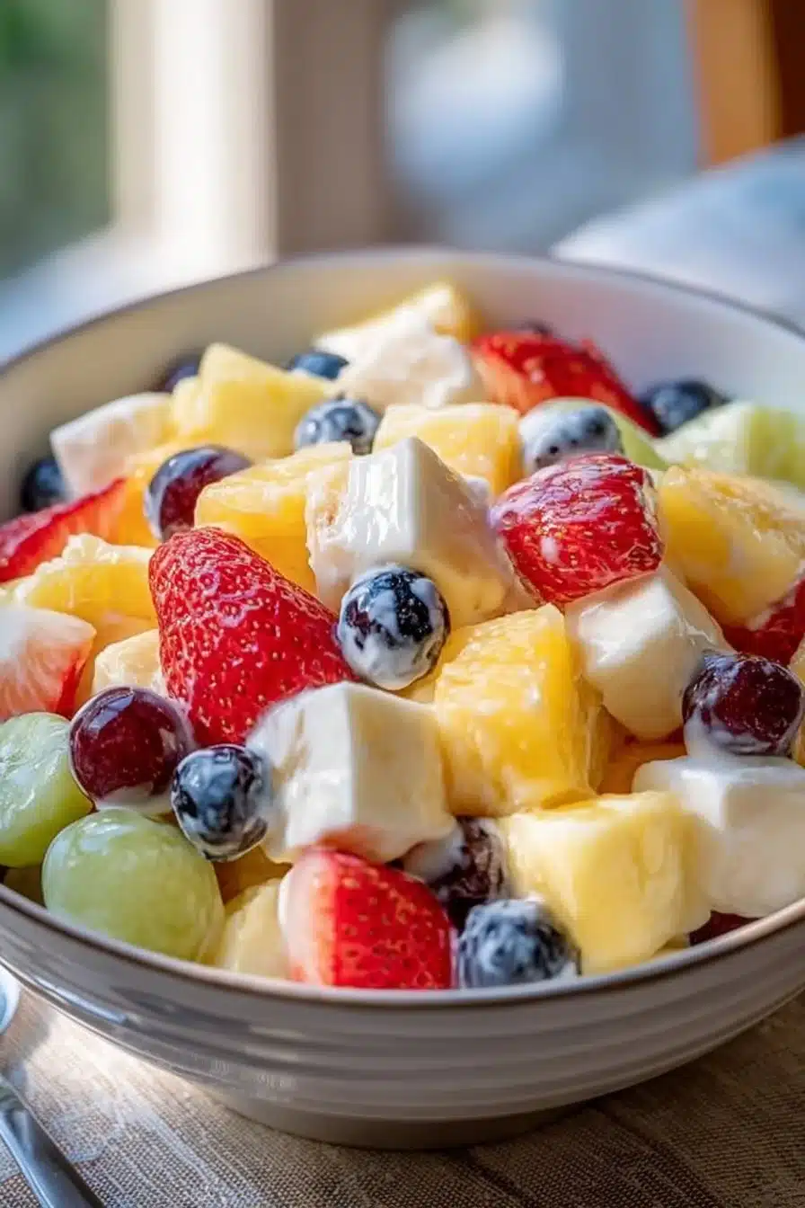Recette de Salade de Fruits Crémeuse avec des fruits frais et une sauce onctueuse.