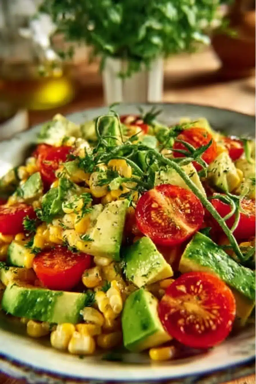 Salade fraîche de maïs et avocat sur une assiette colorée