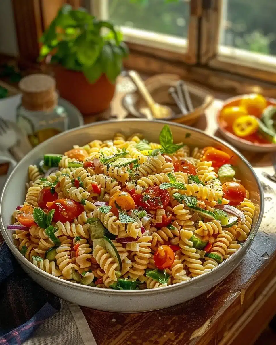 Salade de pâtes fraîche avec légumes colorés et vinaigrette