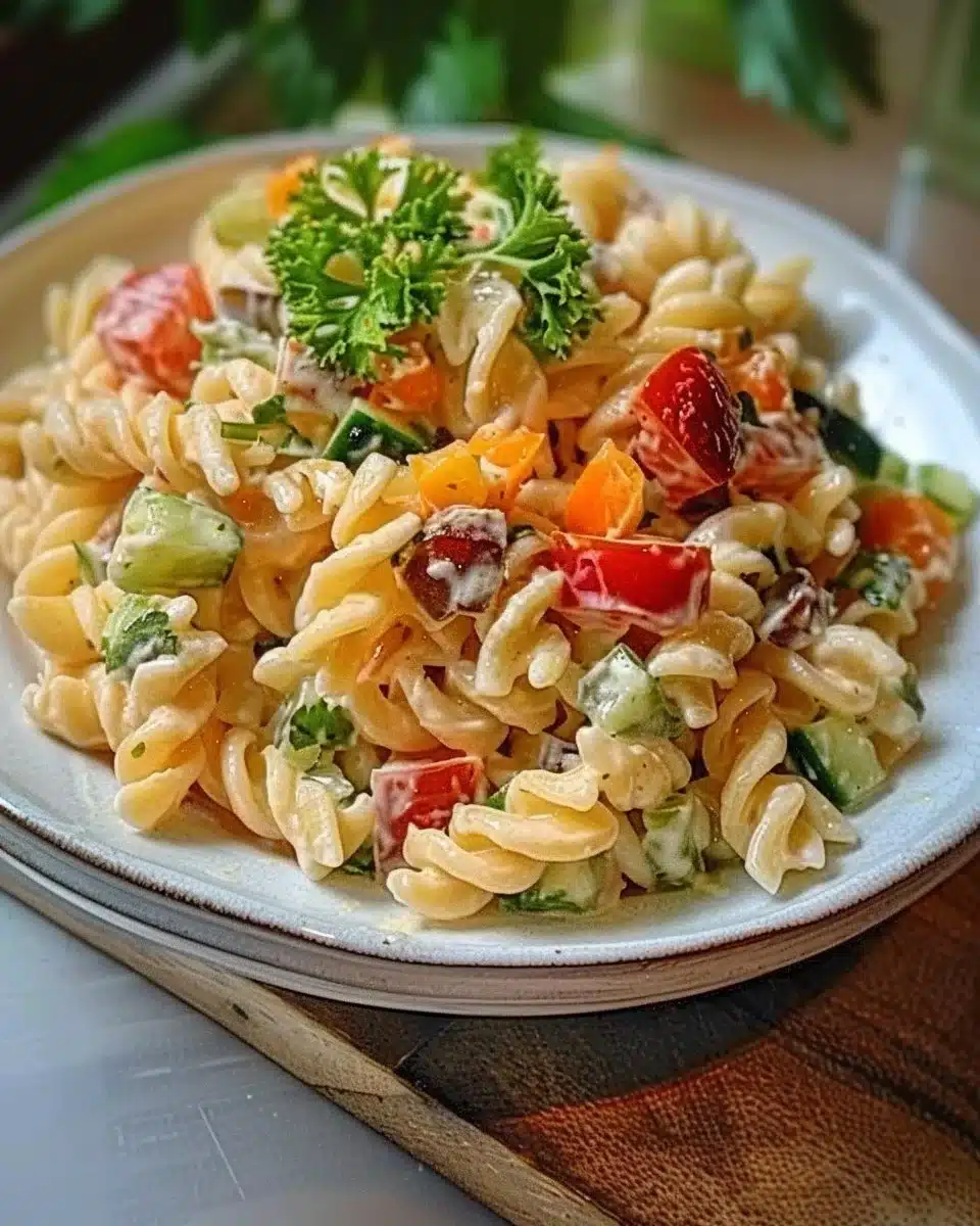 Recette rapide de salade de pâtes avec légumes frais et vinaigrette