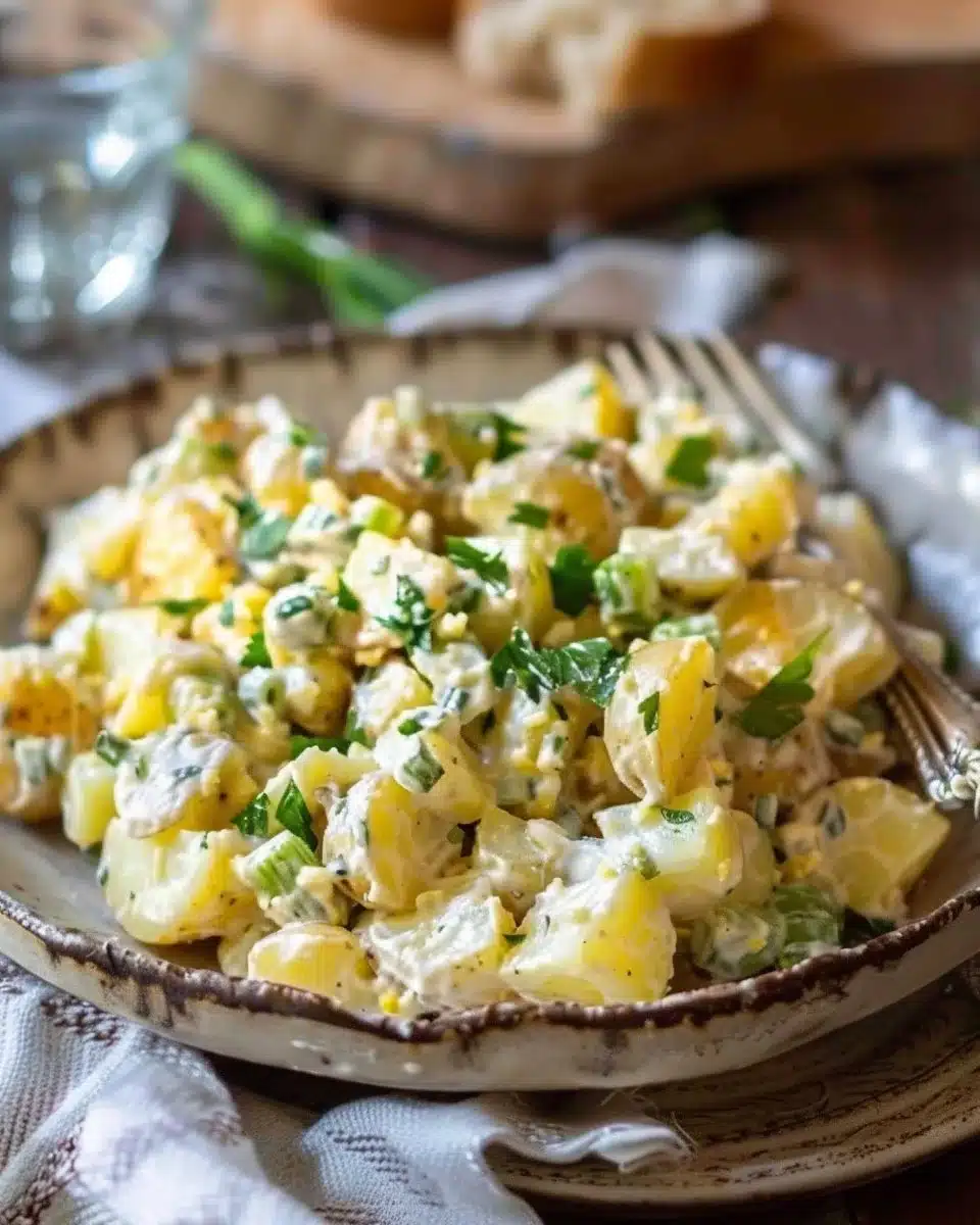 Salade de pommes de terre fraîche avec herbes et légumes colorés
