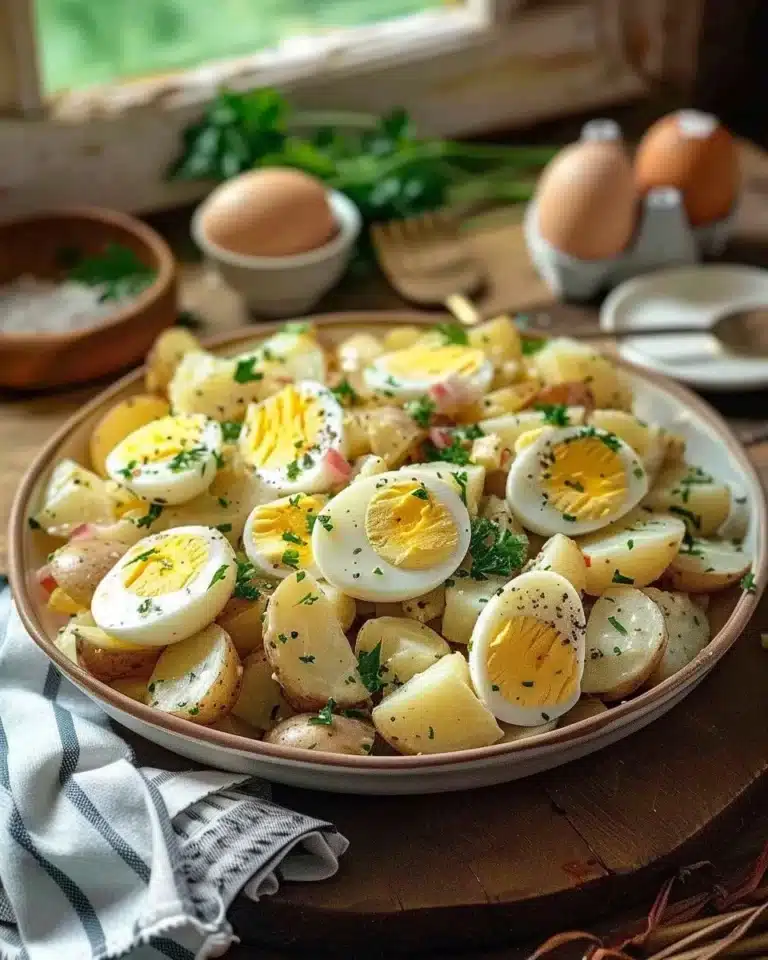 Salade de pommes de terre aux œufs dans un bol frais et appétissant.