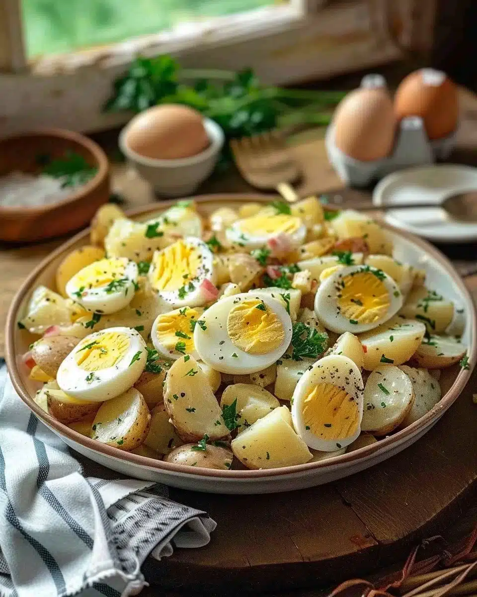 Salade de pommes de terre aux œufs dans un bol frais et appétissant.