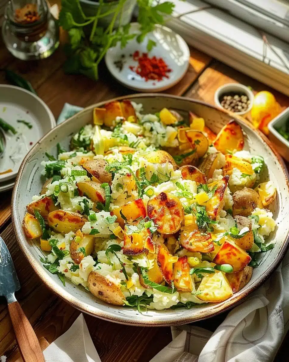 Salade de pommes de terre écrasées servie dans un bol coloré.