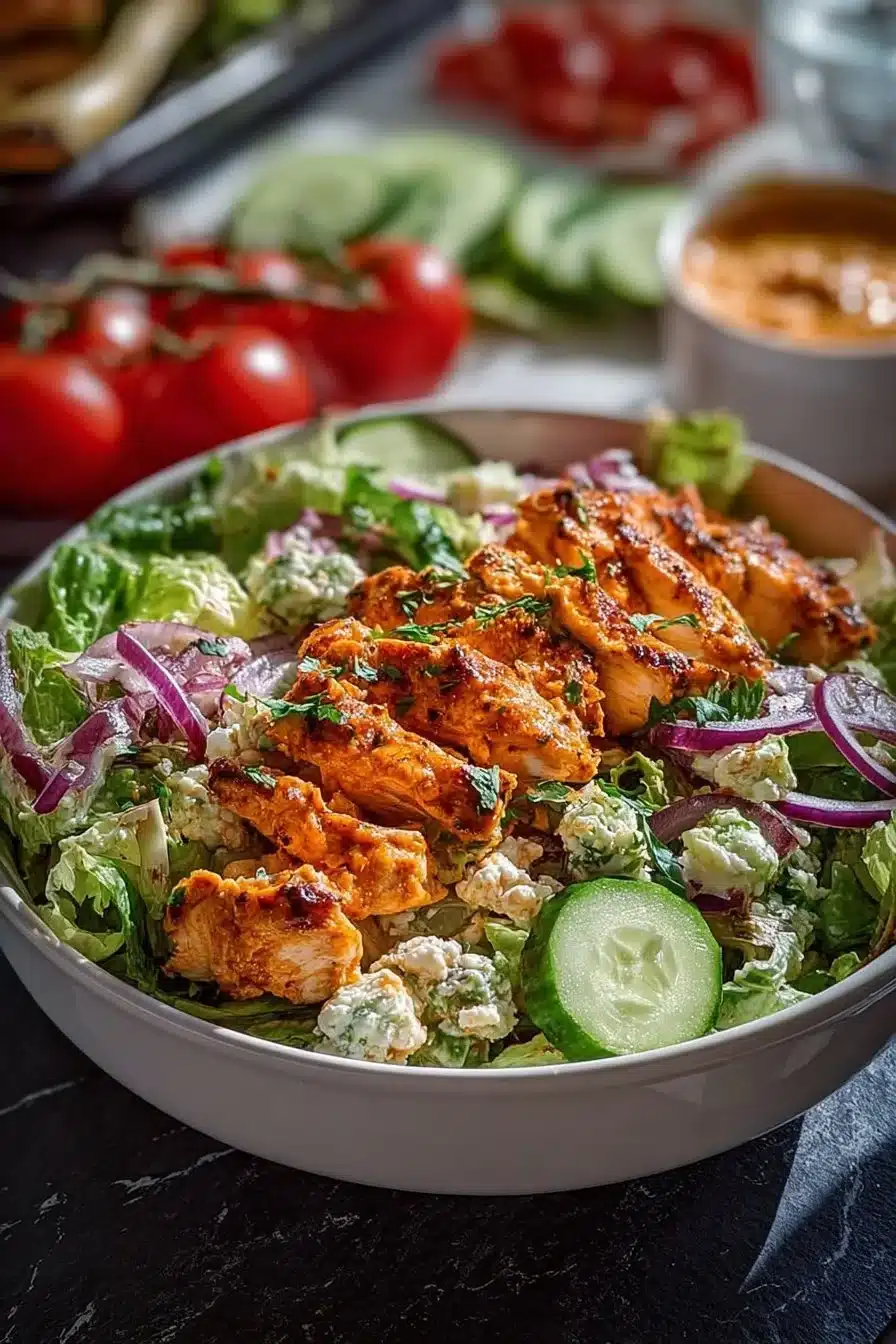 Salade de poulet Buffalo avec vinaigrette épicée et légumes frais