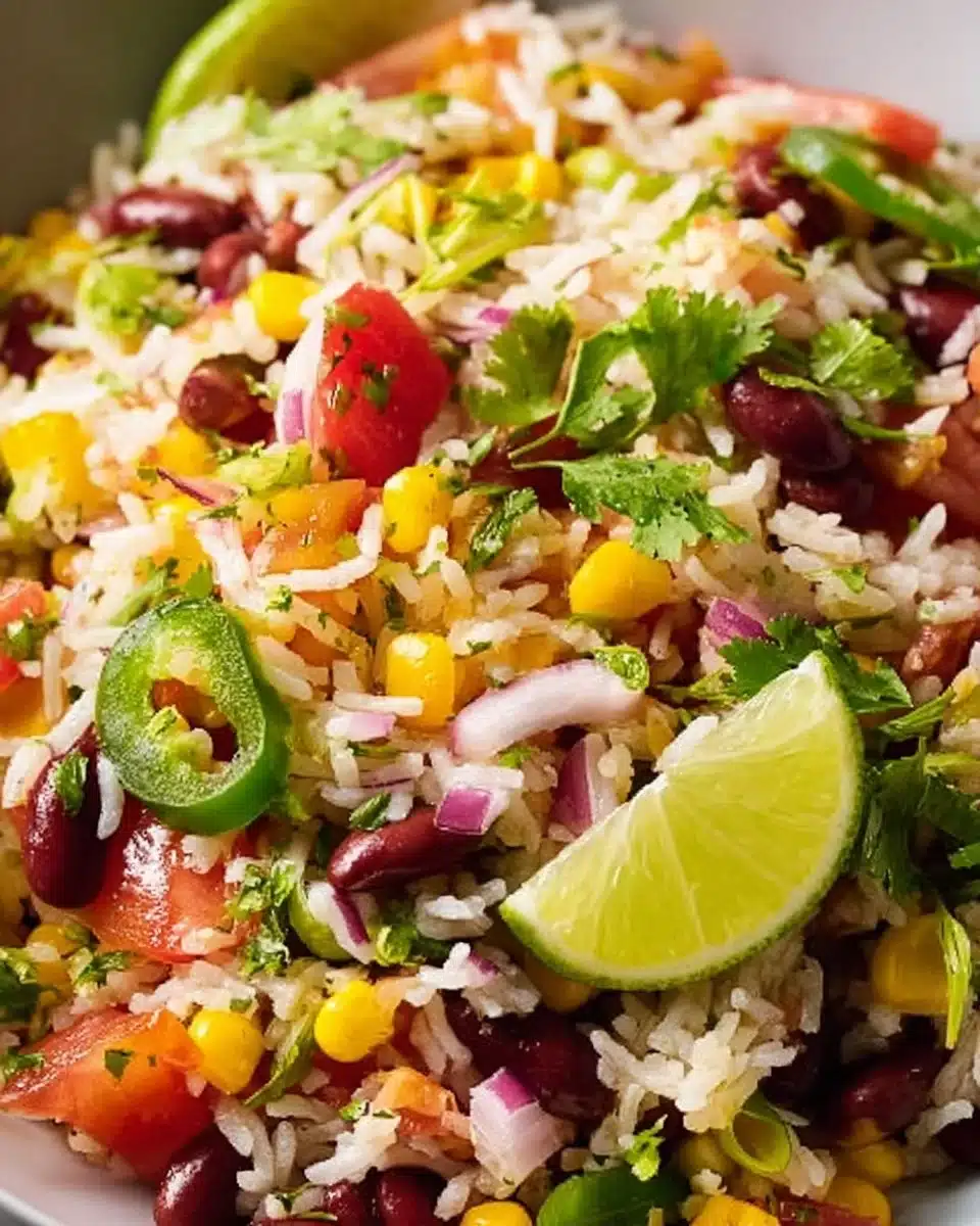 Salade de Riz Froide à la Mexicaine garnie de légumes frais et de sauces
