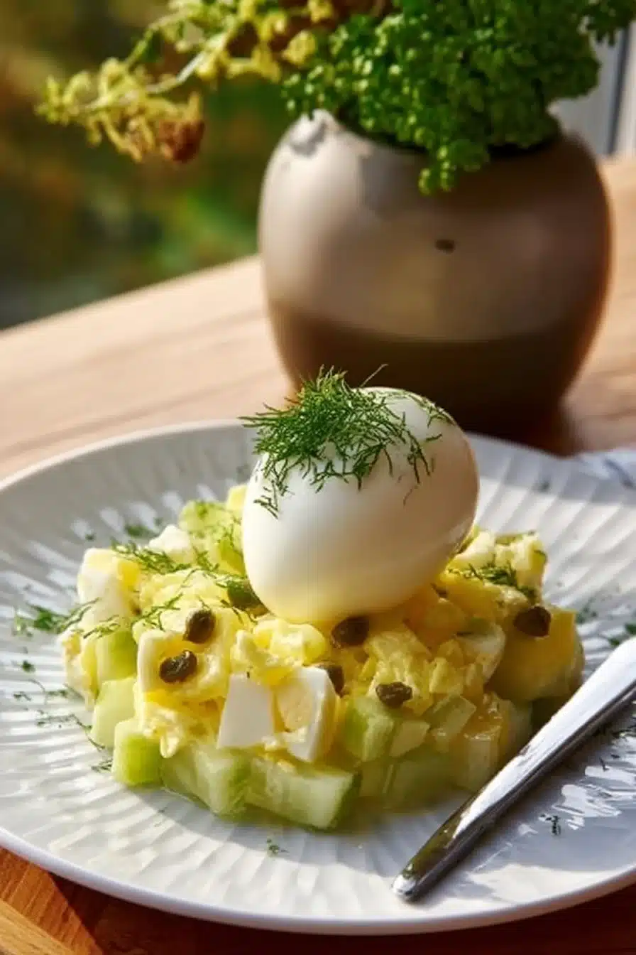 Salade d'œufs aux câpres et cornichons dans un bol, garnie d'herbes fraîches.