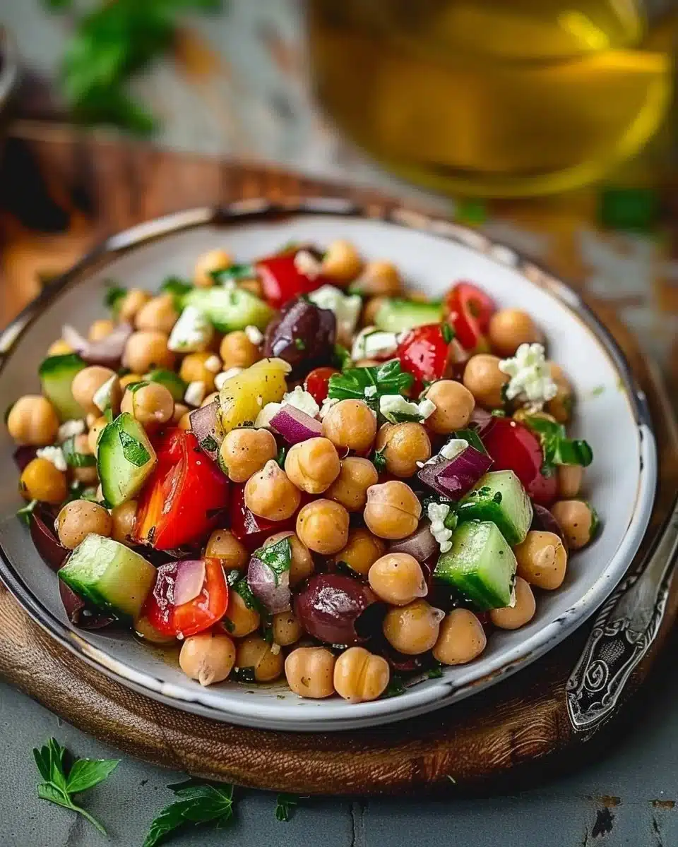 Salade grecque avec pois chiches, tomates, concombre, et feta