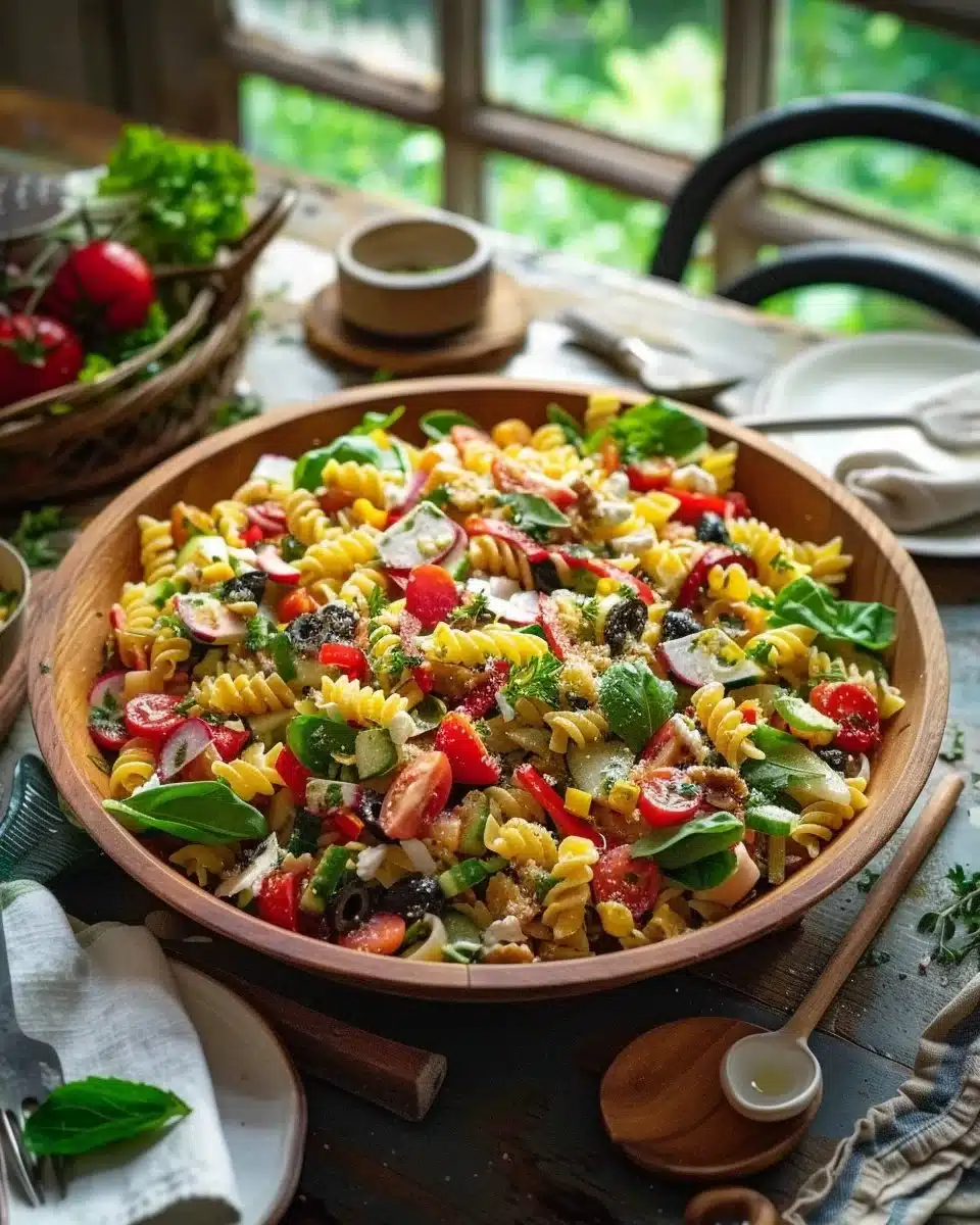 Salade Italienne de Pâtes colorée avec légumes frais et herbes
