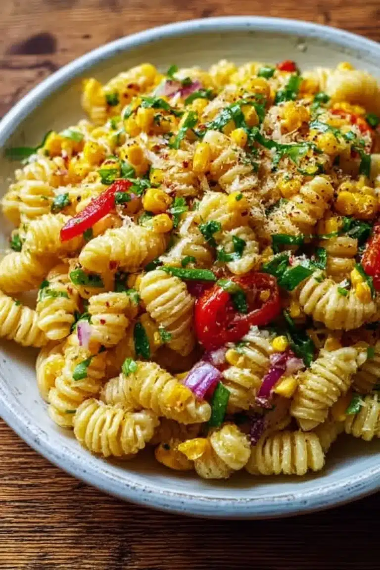 Salade de pâtes au maïs fraîche et colorée, idéale pour les repas d'été.