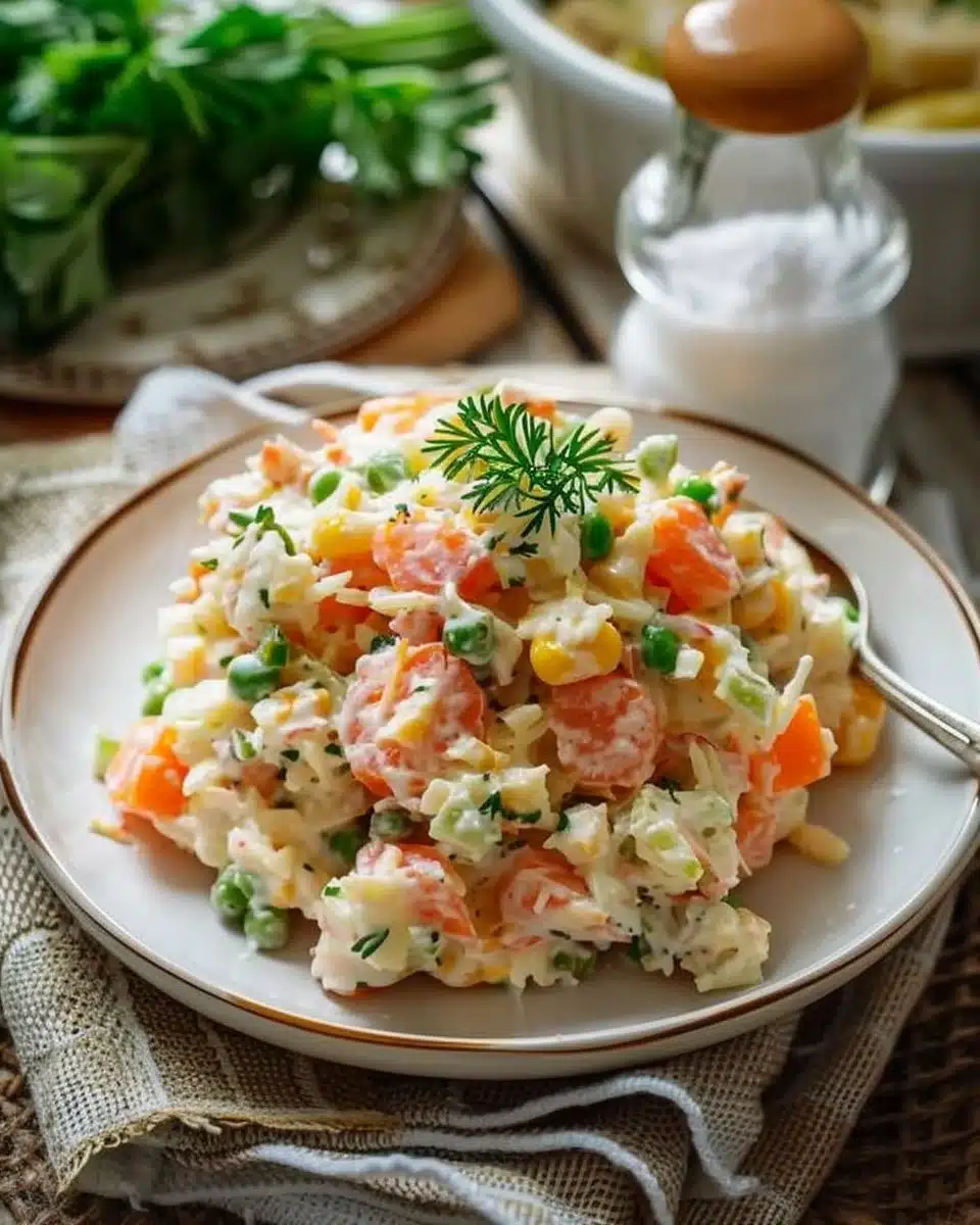 Salade russe maison garnie de légumes colorés et de mayonnaise.