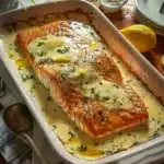 Saumon au four avec sauce crémeuse et citron, plat savoureux et sain.