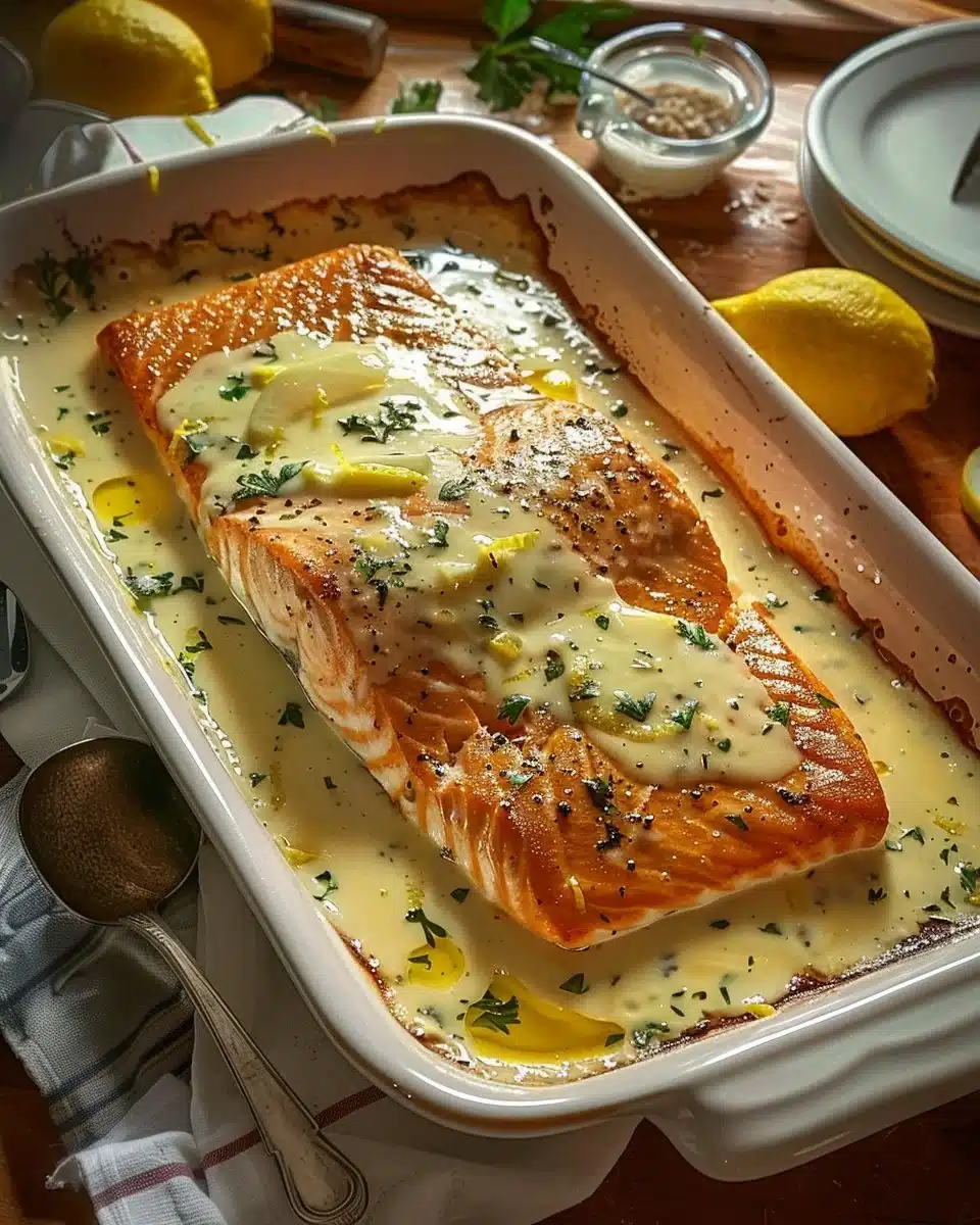 Saumon au four avec sauce crémeuse et citron, plat savoureux et sain.