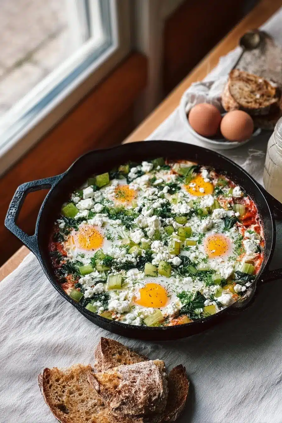 Shakshuka de printemps avec légumes frais et œufs pochés