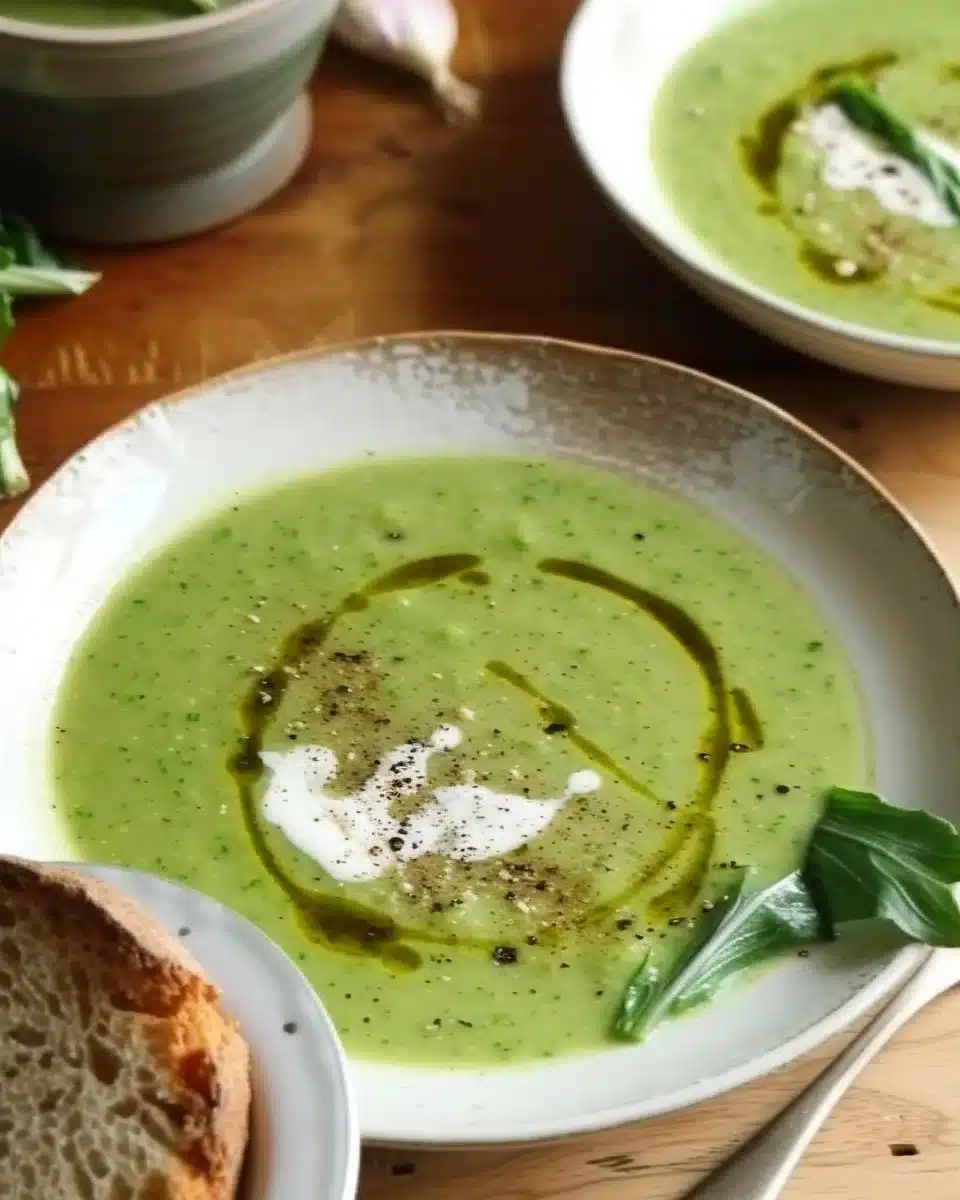 Soupe ail des ours réconfortante servie dans un bol en bois.