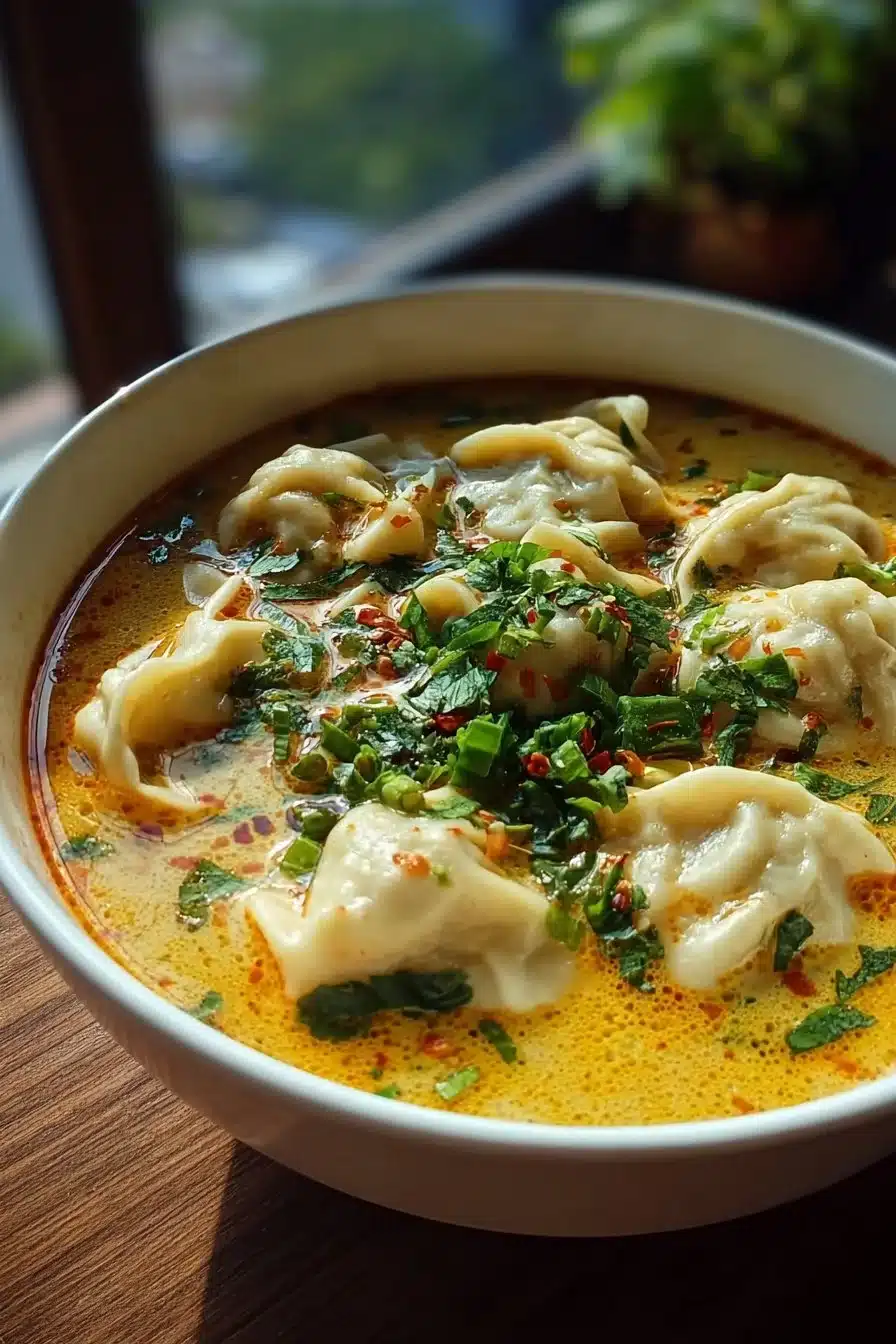 Soupe thaï réconfortante aux raviolis dans un bol