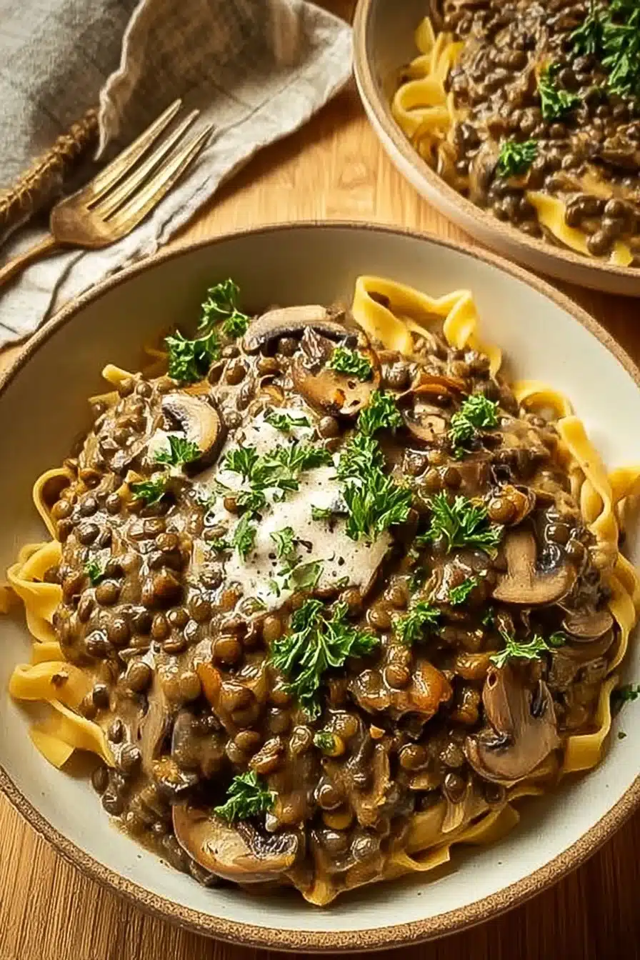 Stroganoff de lentilles et champignons végan dans un bol
