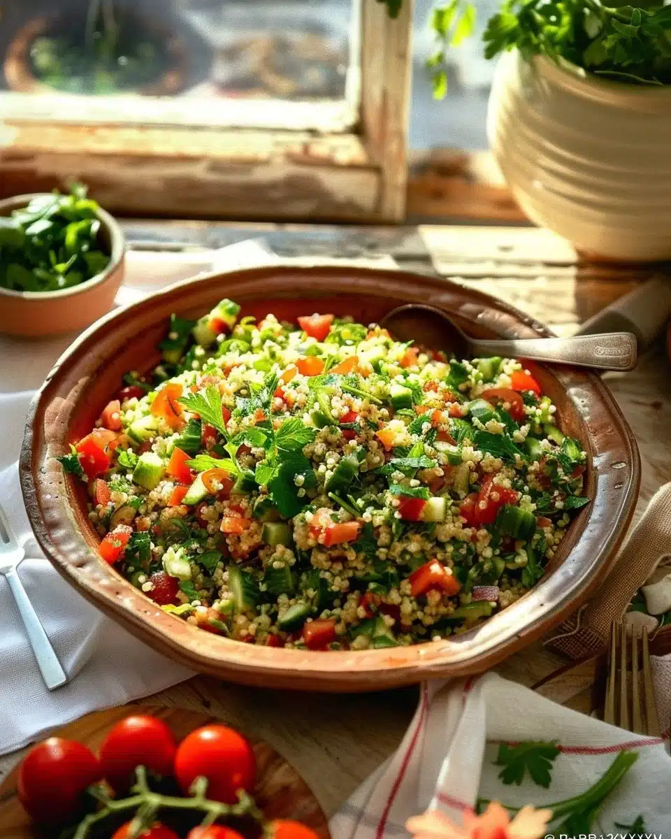 Plat de taboulé rafraîchissant prêt à être servi pour un repas familial