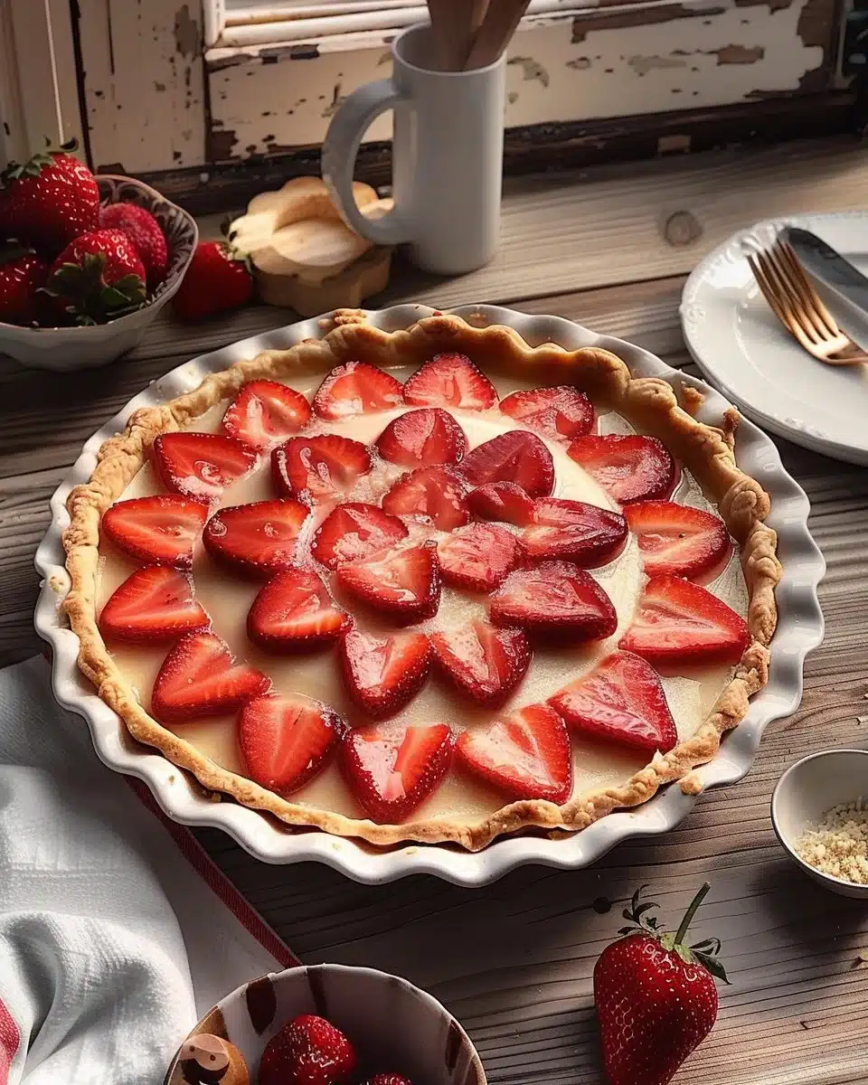 Tarte aux fraises avec une croûte dorée et des fraises fraîches sur le dessus