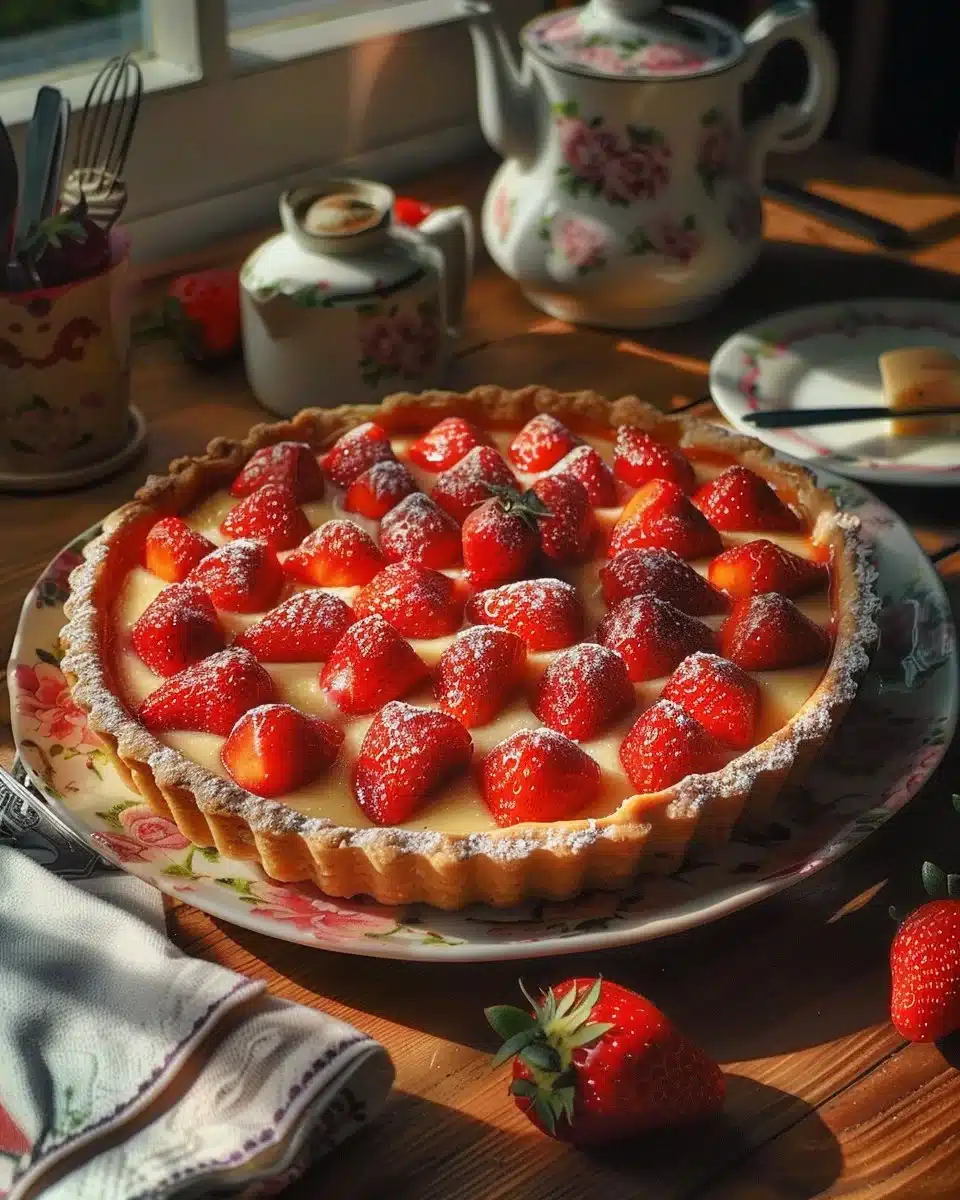 Tarte aux fraises facile prête à déguster sur un plat.