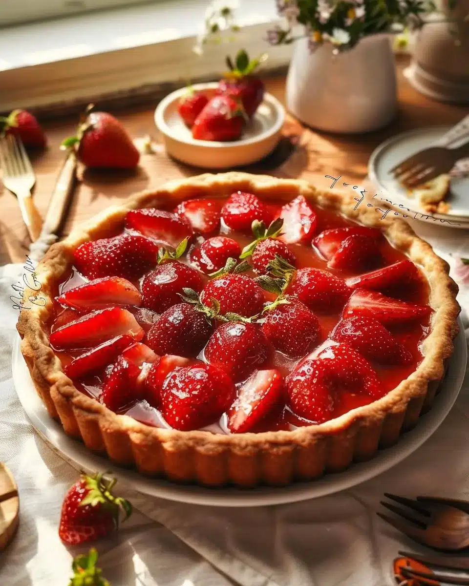 Tarte aux fraises garnie de fraises fraîches et crème pâtissière
