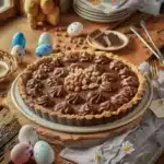 Tarte Chocolatée de Pâques garnie de chocolat et décorée de décorations de fête.