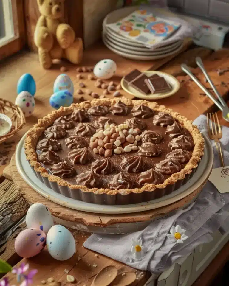 Tarte Chocolatée de Pâques garnie de chocolat et décorée de décorations de fête.