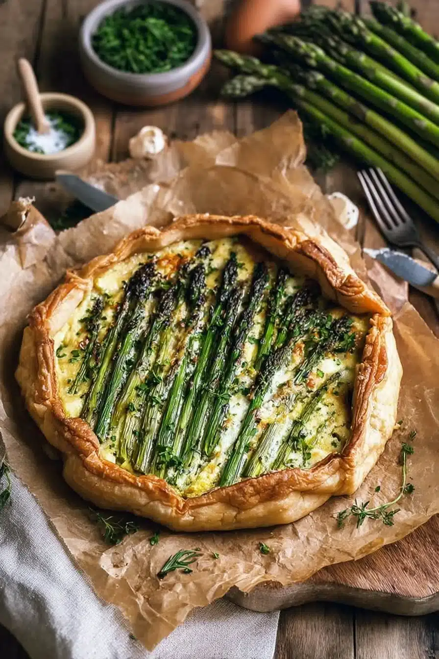 Tarte rustique aux asperges vertes fraîchement préparée