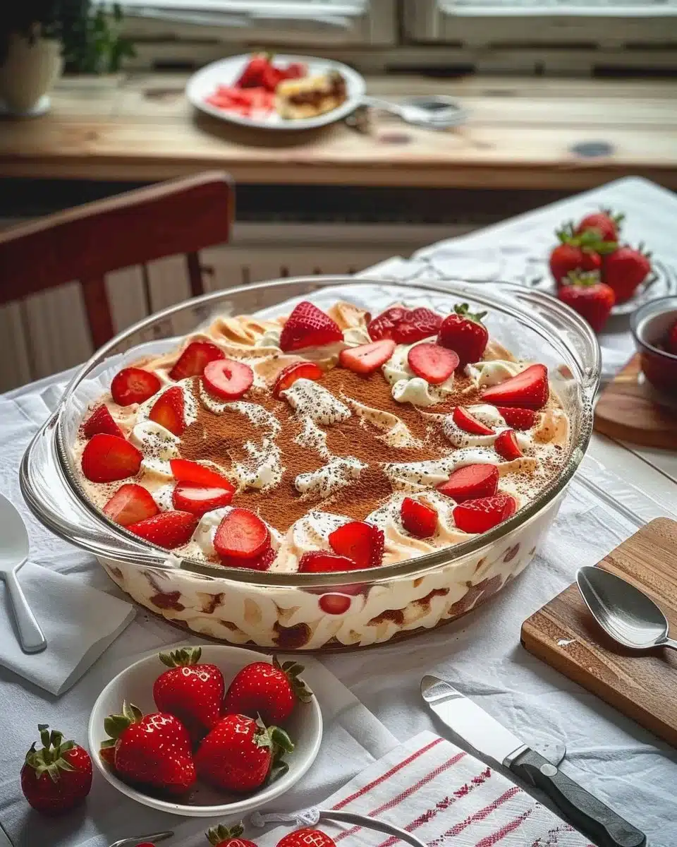 Tiramisu crémeux aux fraises sur une assiette, décoré de fraises fraîches