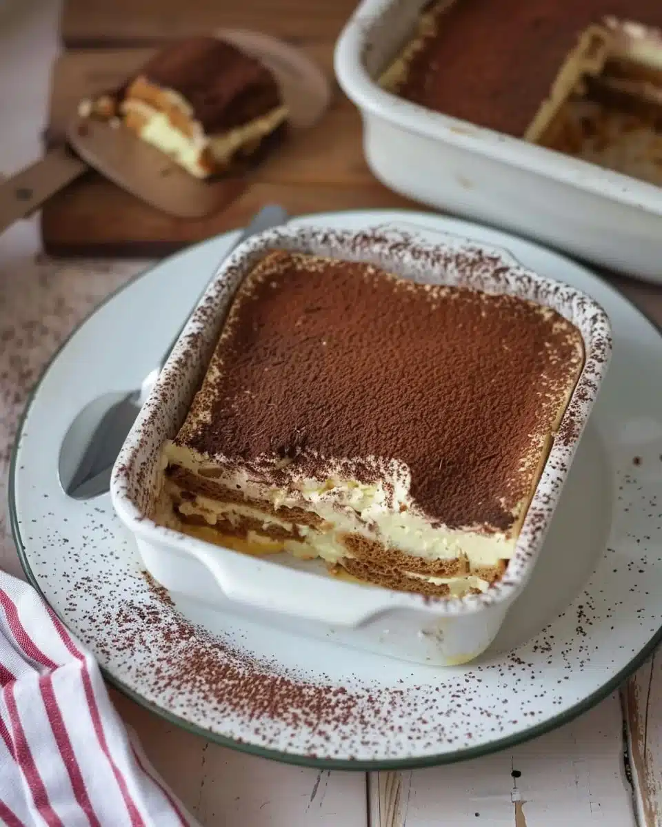 Tiramisu crémeux fait maison servi dans un joli plat.