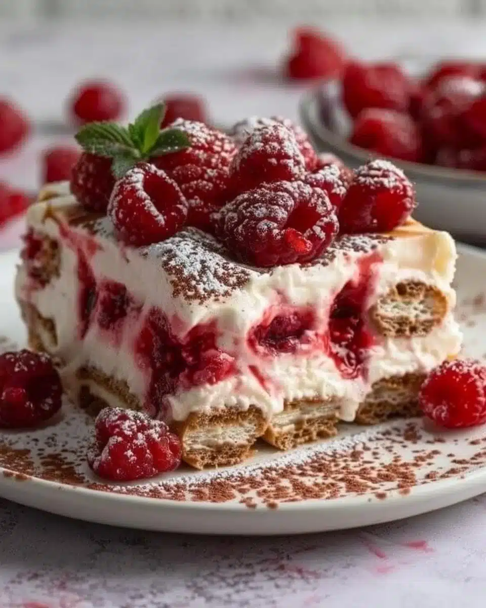 Tiramisu framboise crémeux sur une assiette décorée de framboises fraîches.