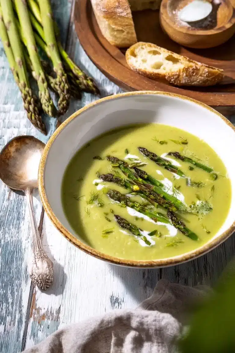 Velouté crémeux d'asperges vertes servi dans un bol élégant