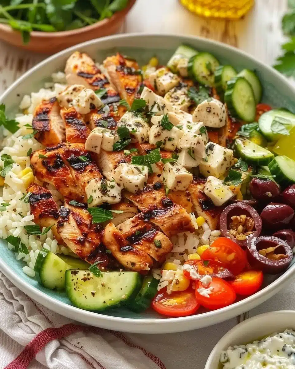 Bowl méditerranéen avec poulet grillé, légumes frais et sauce délicieuse.
