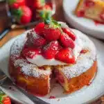 Gâteau fraises avec coulis maison sur une assiette