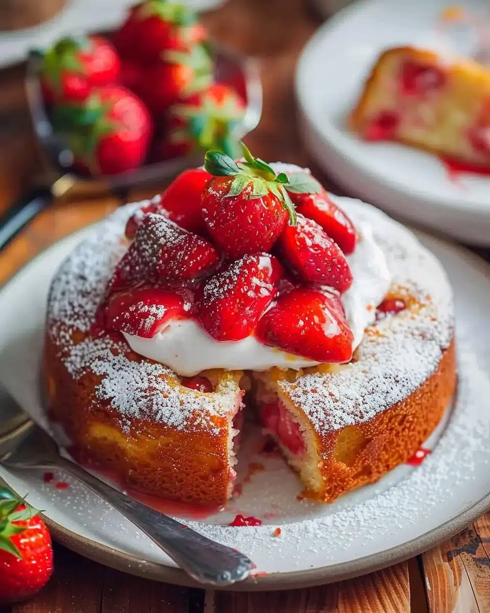 Gâteau fraises avec coulis maison sur une assiette