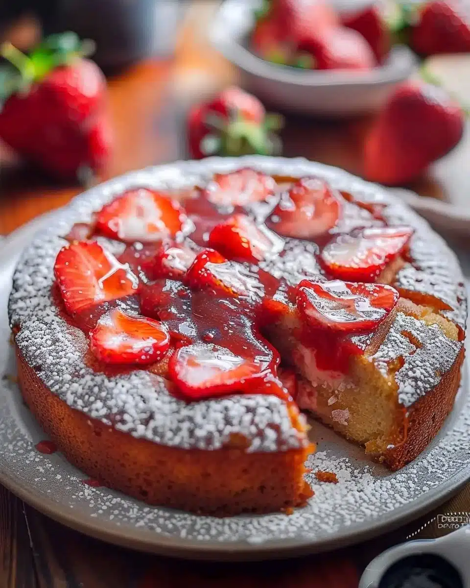 Délicieux gâteau aux fraises et à la crème sure nappé d'un délicieux coulis maison