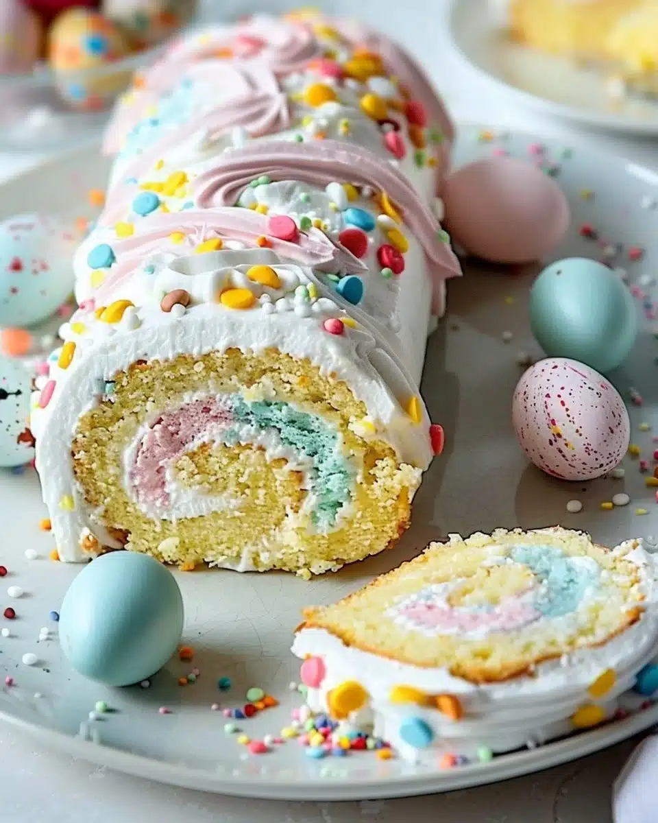 Gâteau roulé de Pâques décoré avec des couleurs vives et des motifs festifs