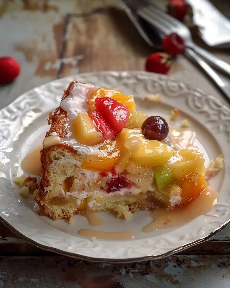 Gâteau salade de fruits coloré et frais, parfait pour les desserts estivaux.