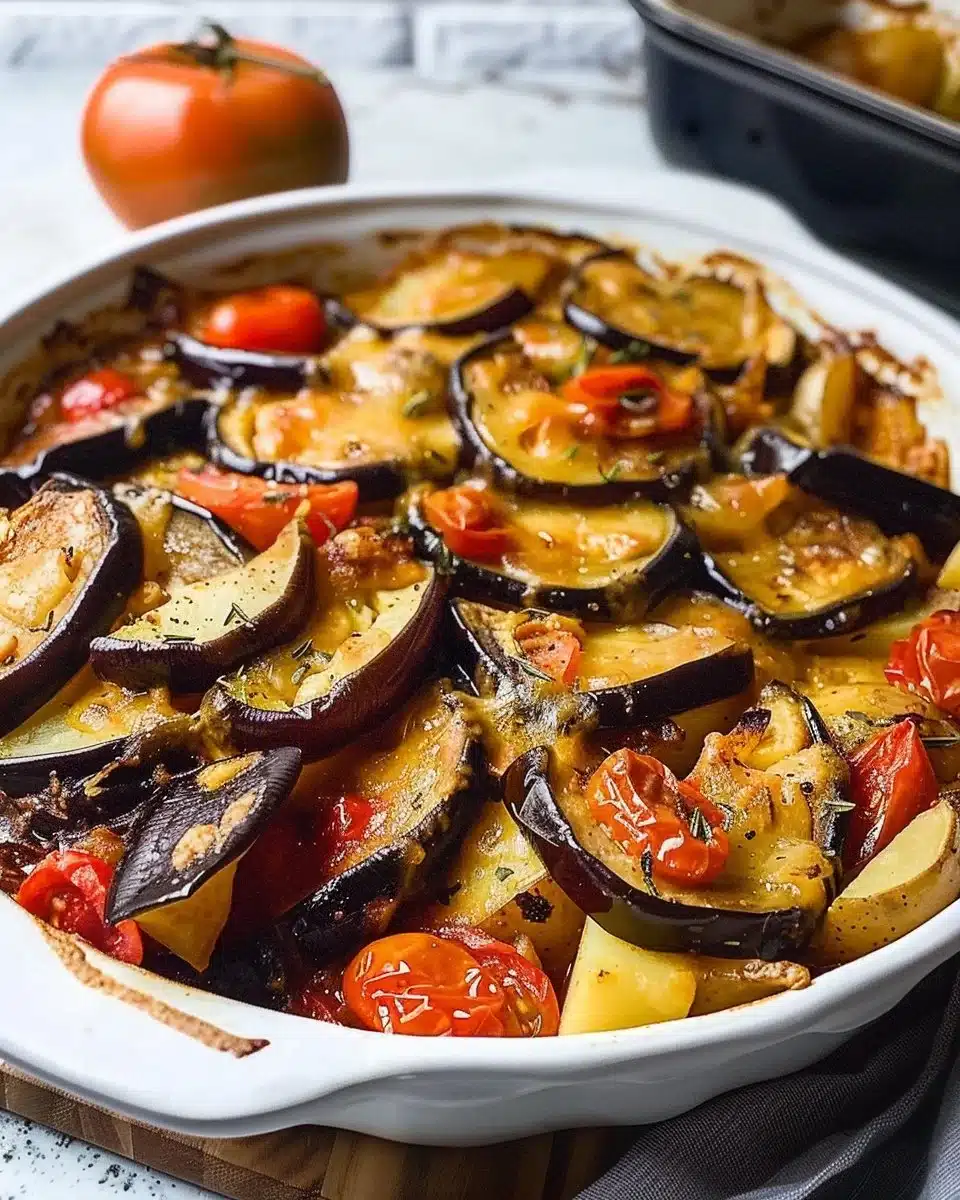 Gratin d'aubergines et pommes de terre, plat savoureux et réconfortant.