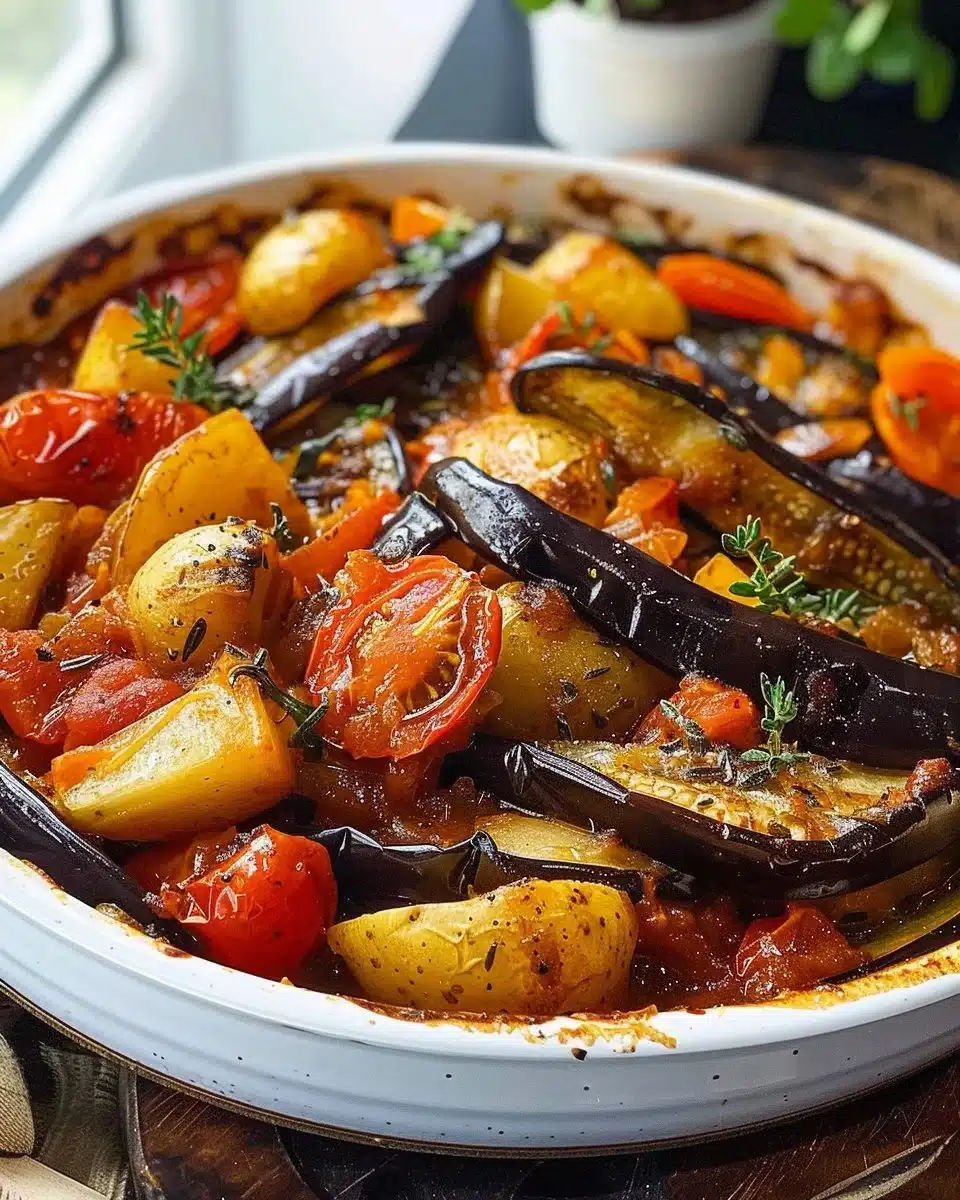 Casserole of eggplants, potatoes, and tomatoes