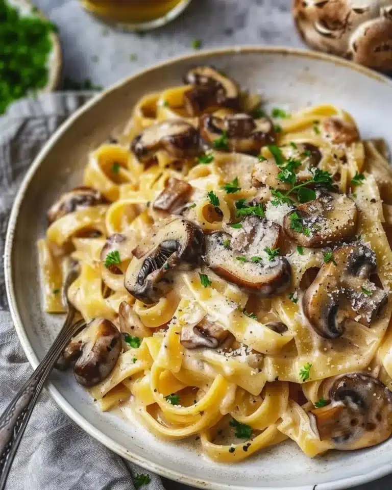 Pâtes crémeuses aux champignons dans un plat appétissant.