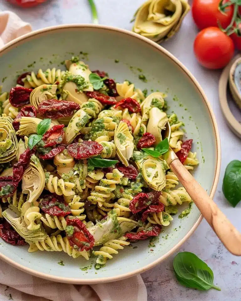 Pâtes pesto avec tomates séchées et artichauts dans un plat savoureux