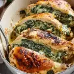 Poulet farci épinards crémeux, un plat délicieux et réconfortant.